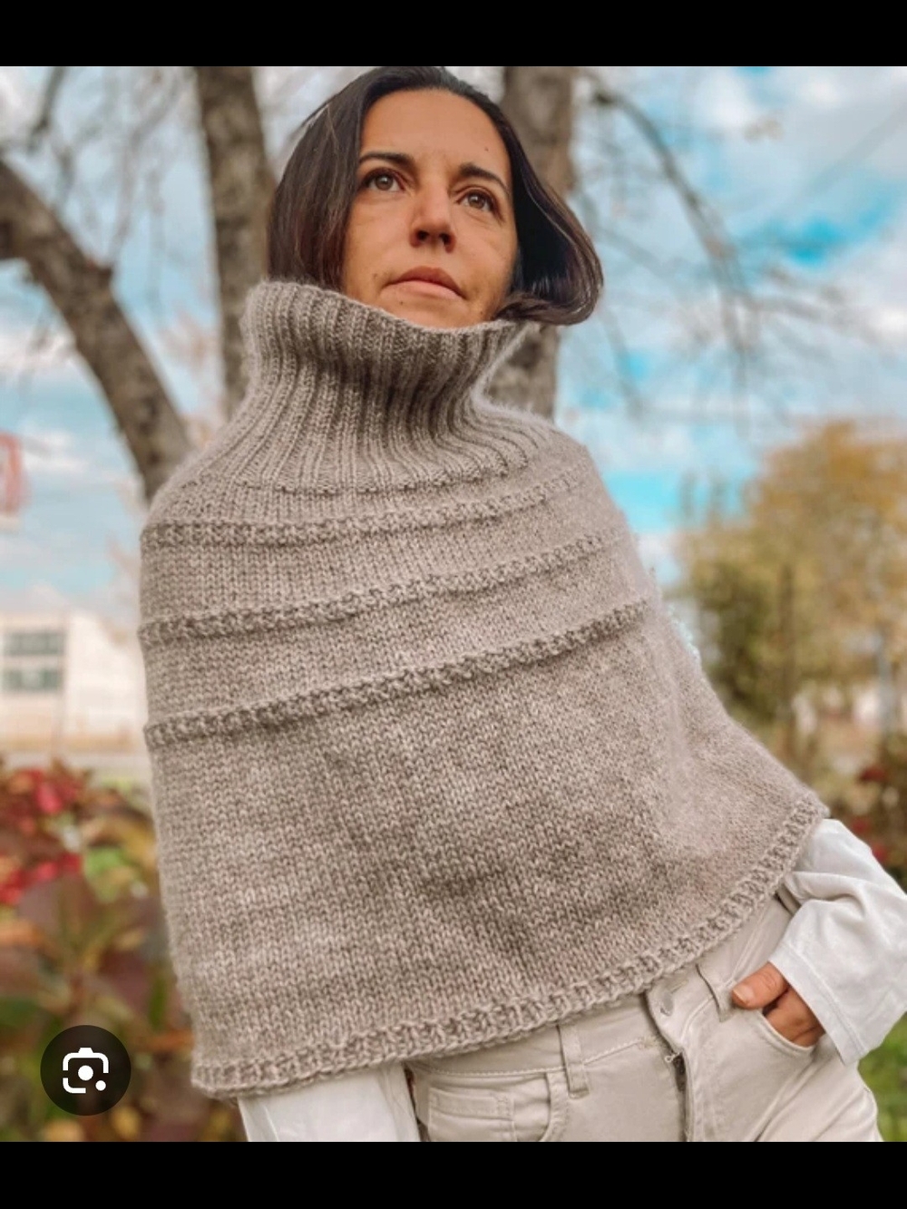 Amulet Cozy High-Neck Knit Poncho Sweater in Light Taupe